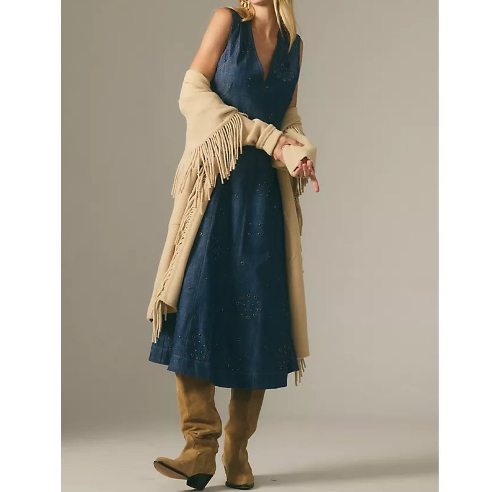 By Anthropologie Grommet Denim Midi Dress Medium Blue Size 00 XXS Petite - Picture 2 of 11